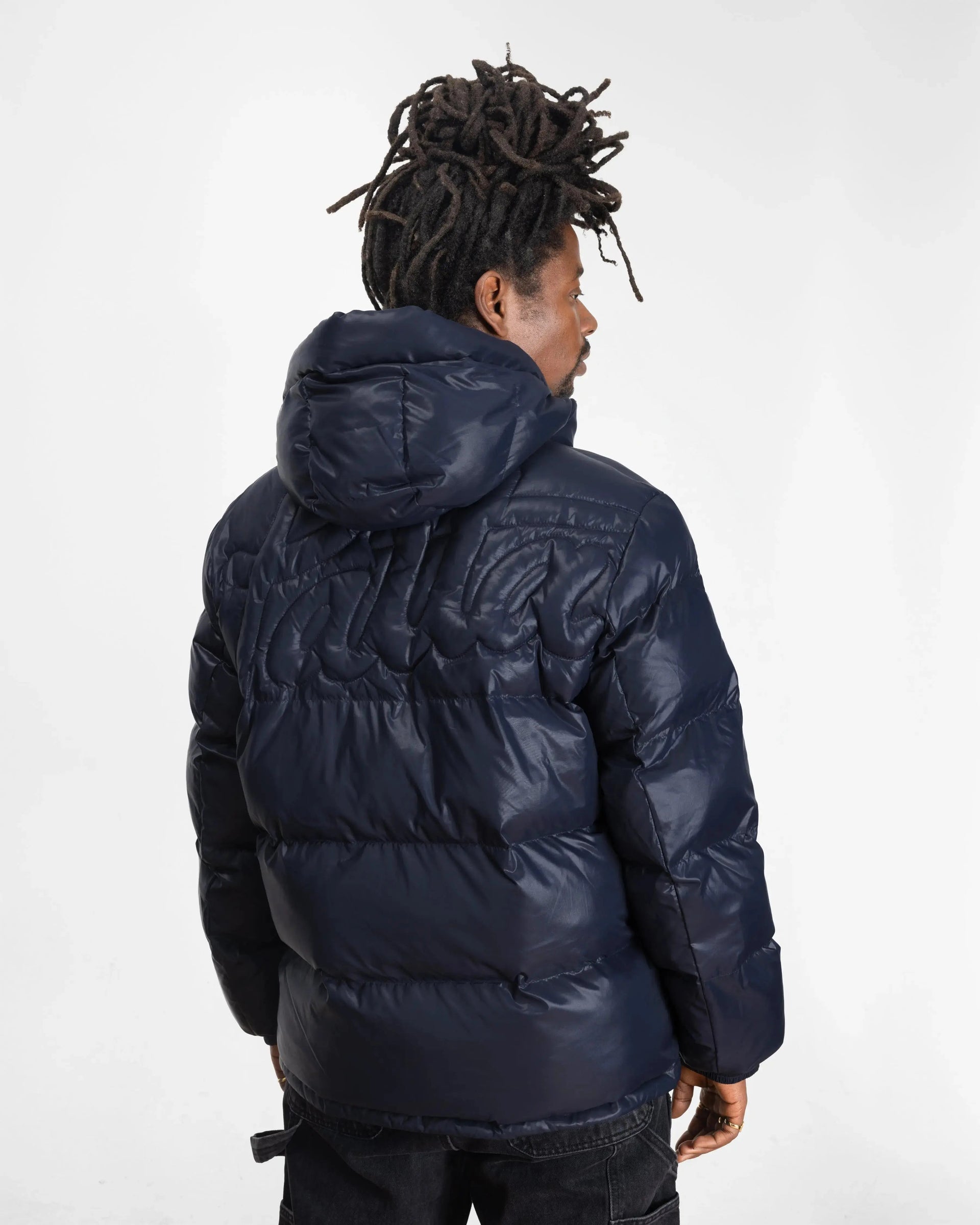 Patta Quilted Script Logo Puffer Jacket (Navy)