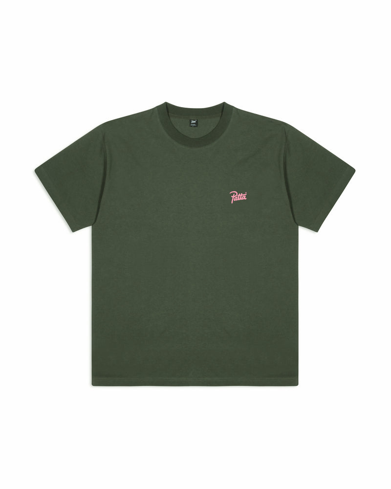 Front view of the Patta Charm T-Shirt in Climbing Ivy green with pink script logo on the chest.