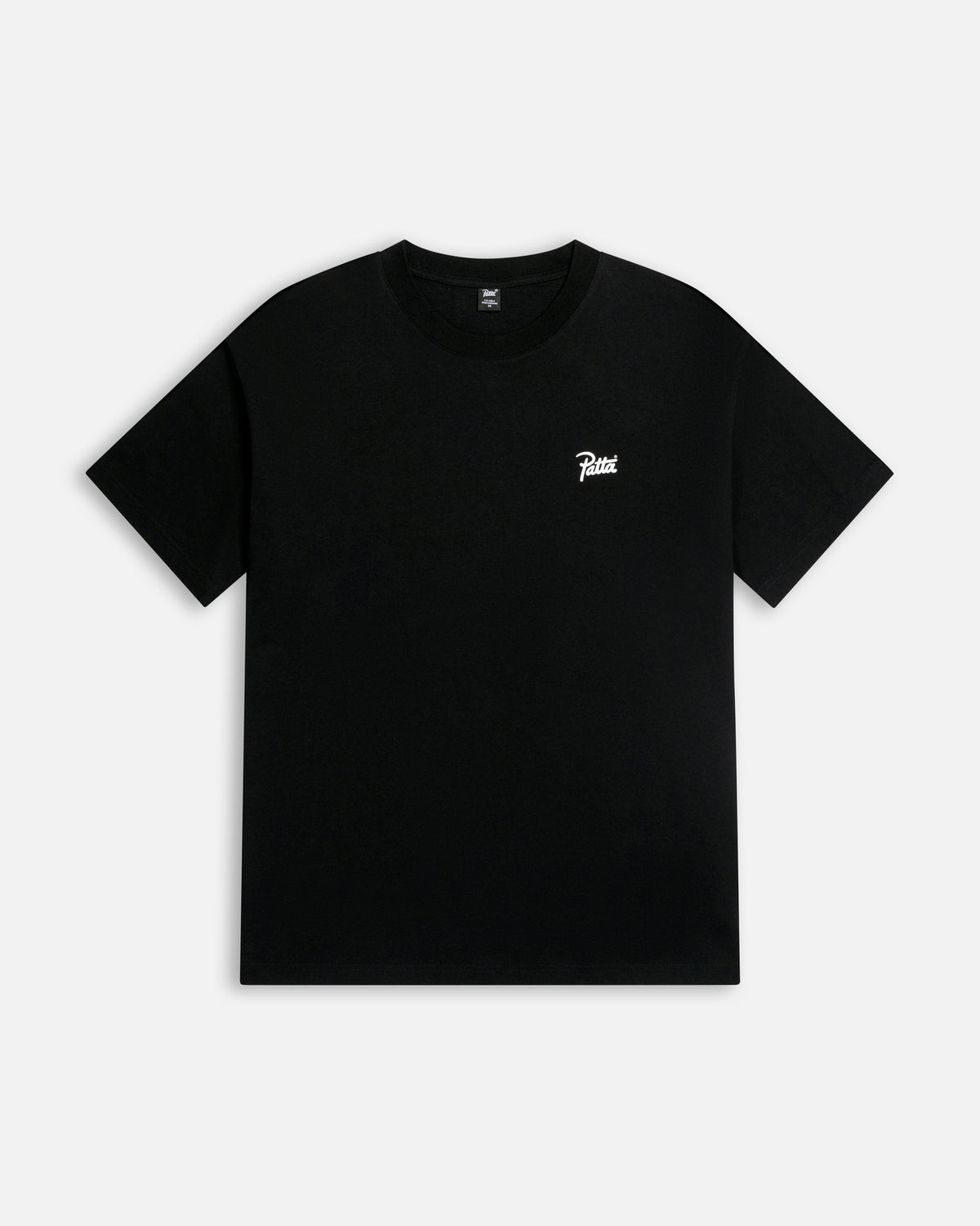 Front view of the Patta Championship T-Shirt in black cotton with a white script logo on the chest.