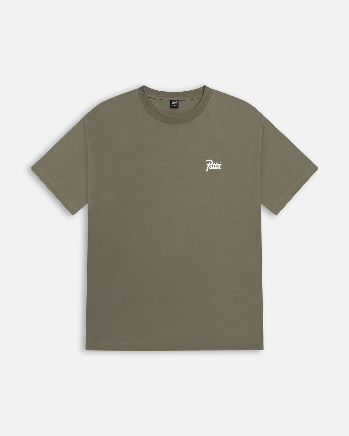 Patta Championship T-Shirt in dusty olive cotton, front view with a white script logo on the chest.