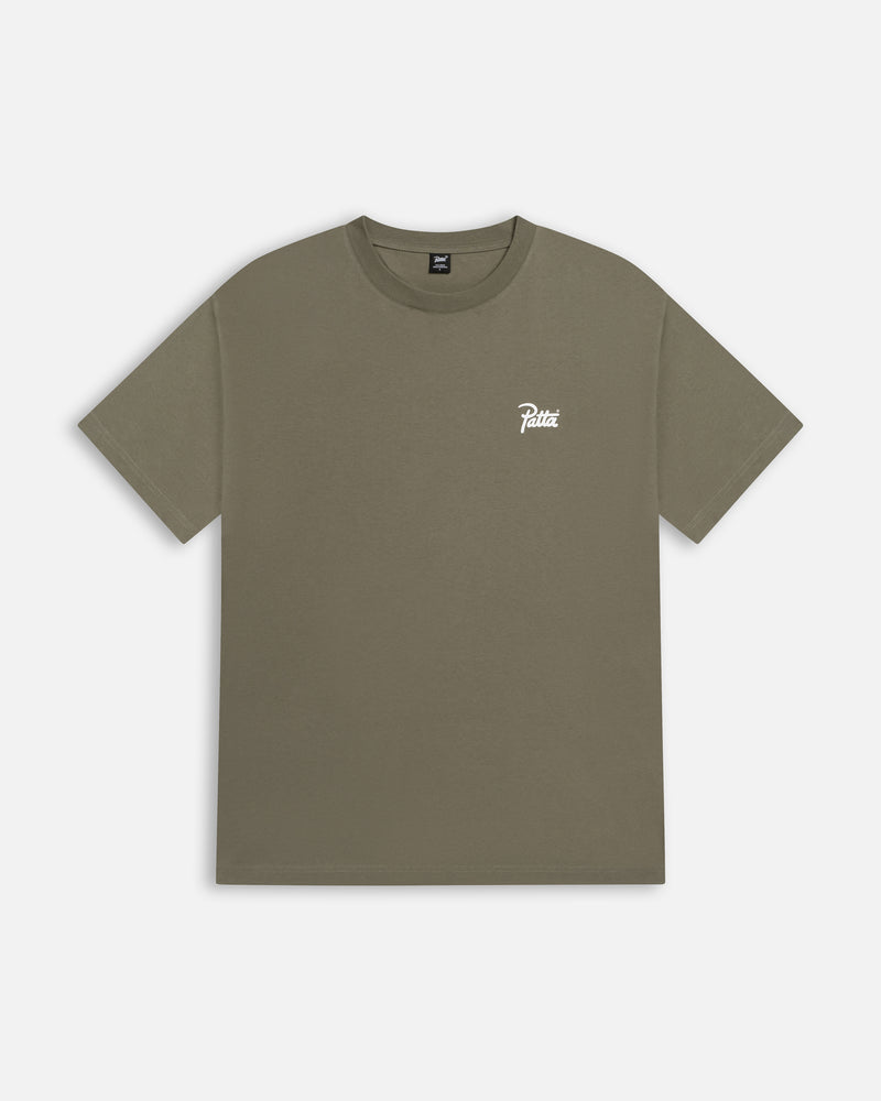 Patta Championship T-Shirt in dusty olive cotton, front view with a white script logo on the chest.