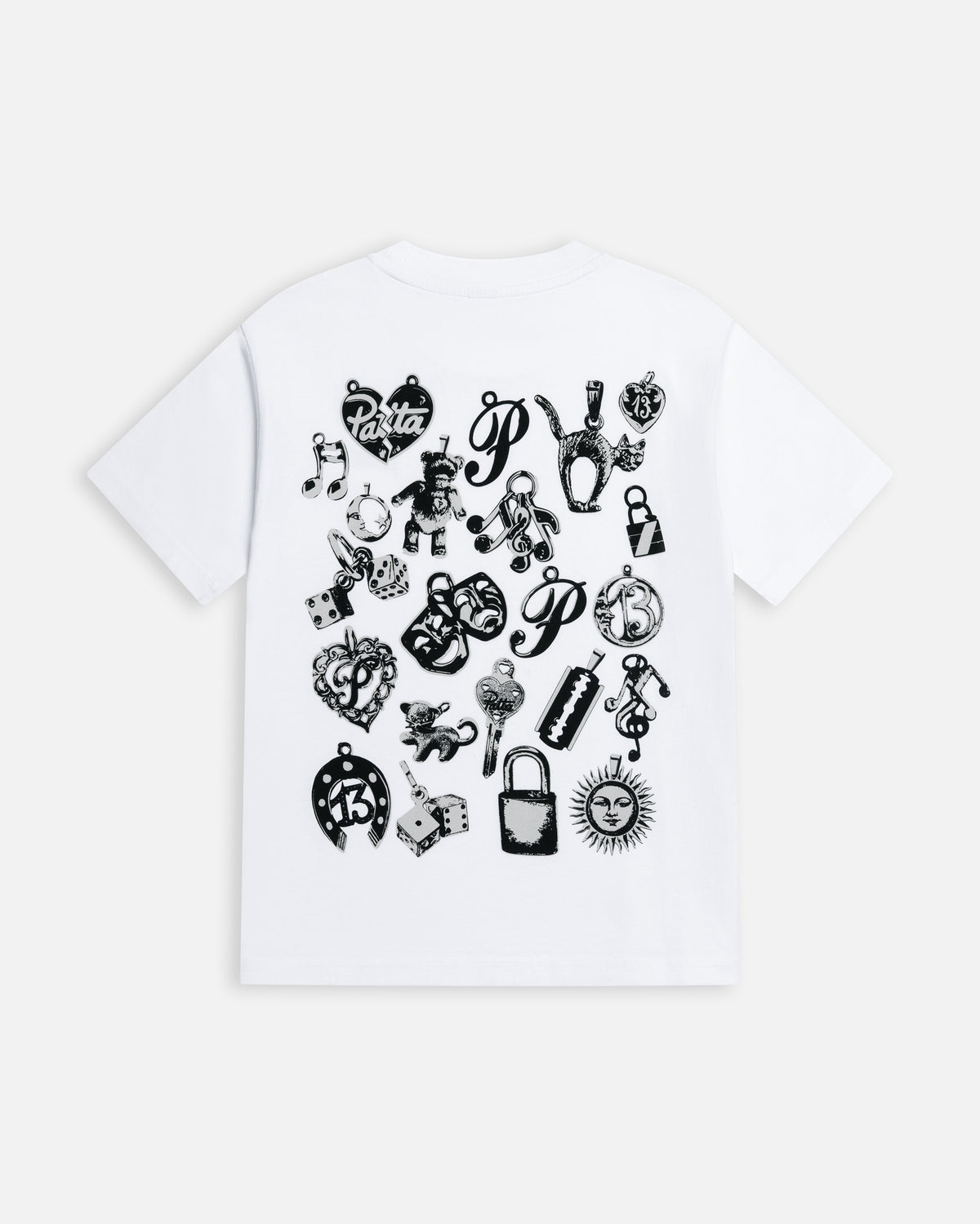 Back view of the white Patta Kids Charm T-Shirt featuring a black charms graphic print.