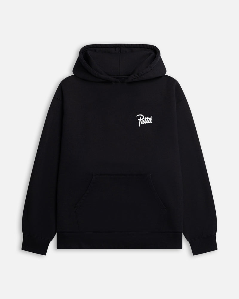 Black Patta Kids Championship Hooded Sweater featuring a white script chest logo and front kangaroo pocket.