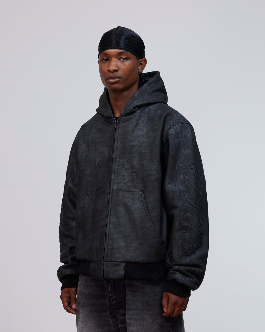 Patta Leather Hooded Bomber Jacket (Black)