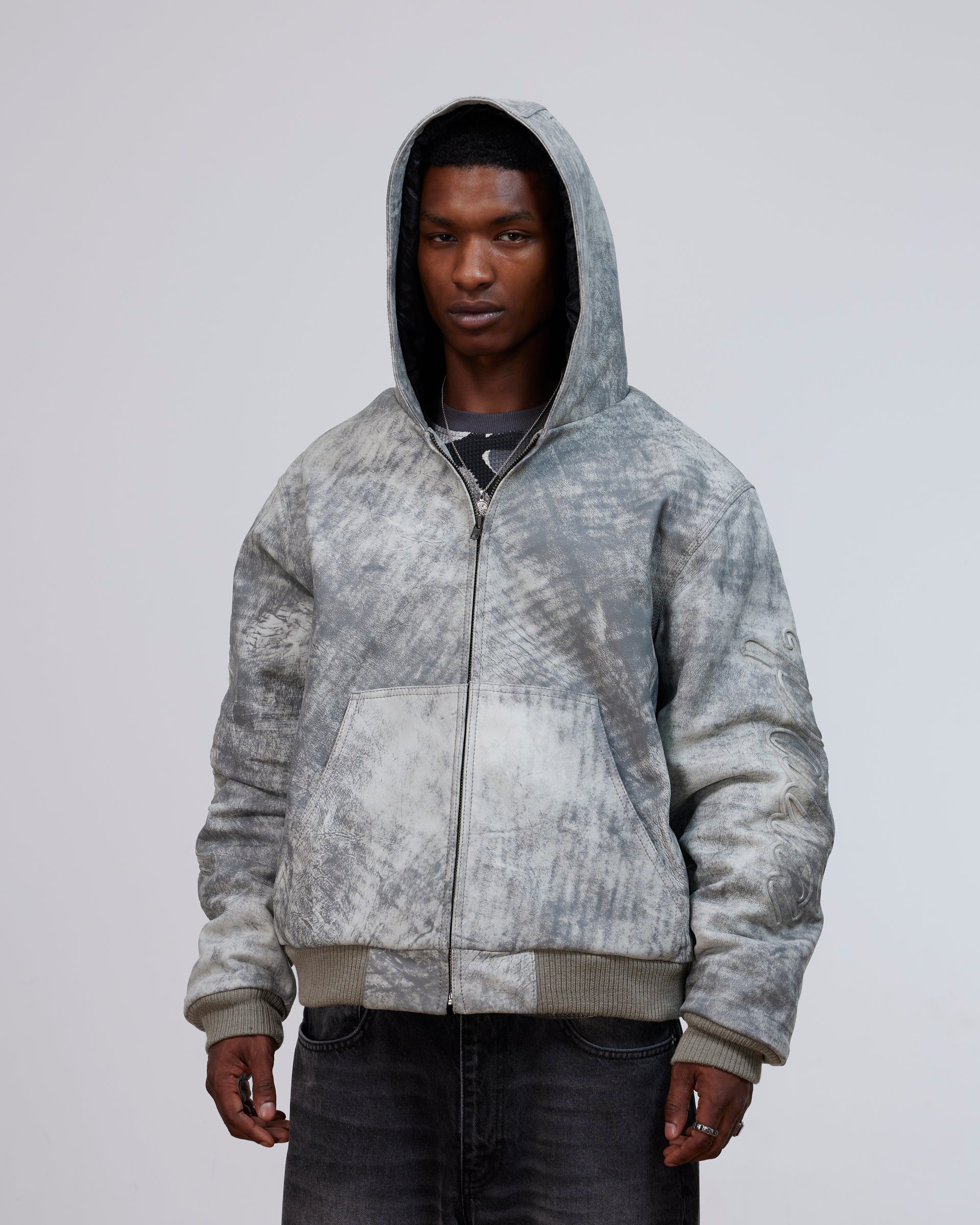 Patta Leather Hooded Bomber Jacket (Moonless Night)