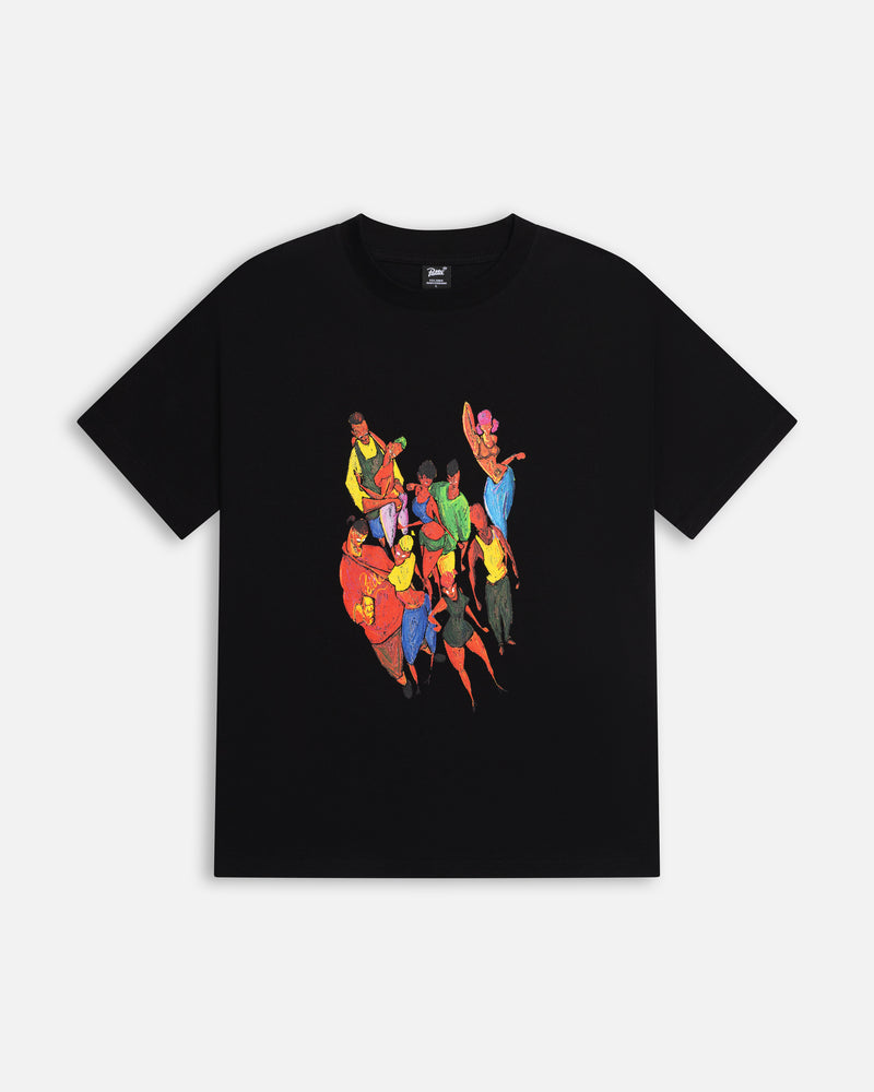 Front view of the black Patta Carnival T-Shirt featuring a colorful illustrated graphic.